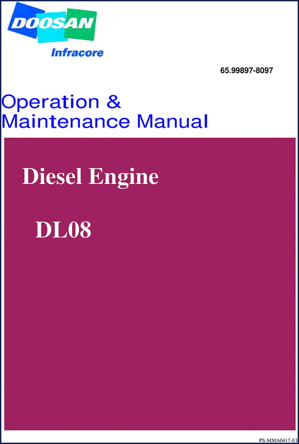Doosan DL08 Operators Manual cover page showing engine diagram and manual title