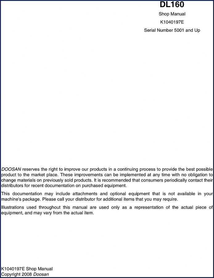 Doosan DL160 2008 Workshop Manual cover - 958 pages OEM shop manual