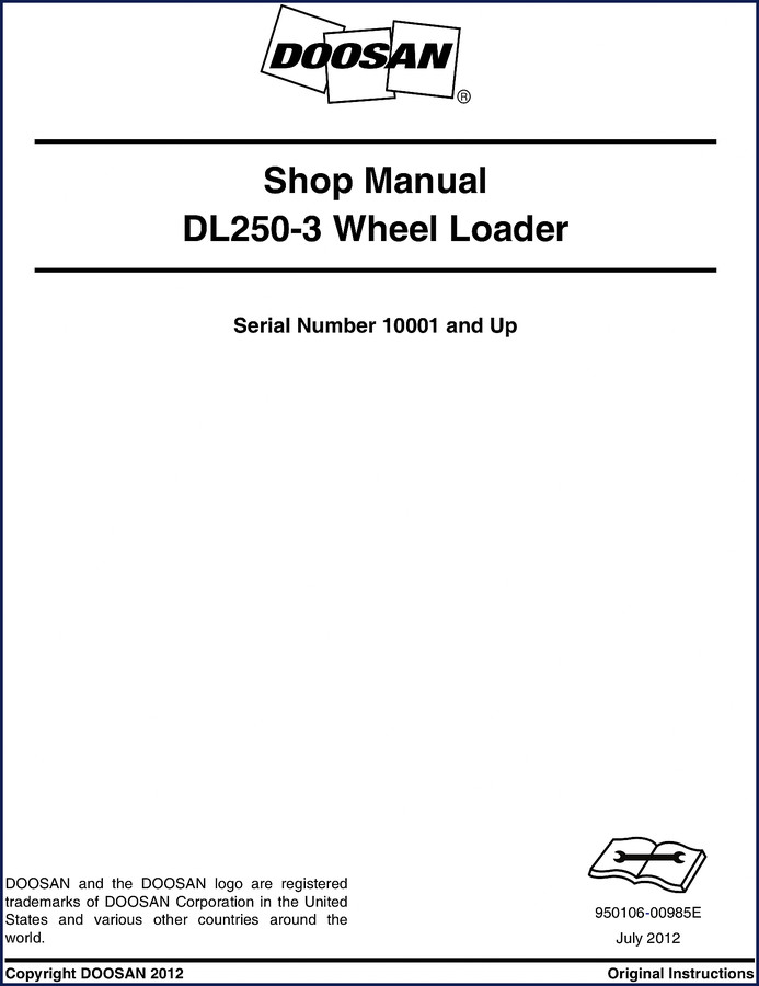 Doosan DL250-3 2012 Workshop Manual cover page showing serial number 10001 and up