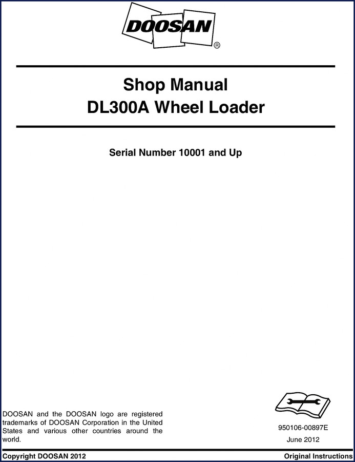 Doosan DL300A 2012 Workshop Manual cover page with specifications and safety warnings