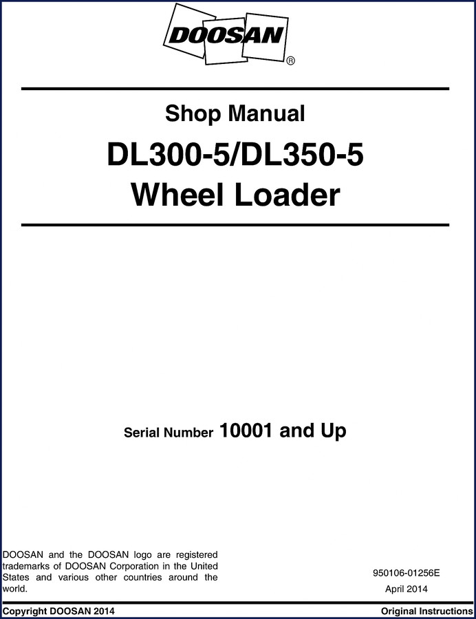 Doosan DL300-5 DL350-5 2014 Workshop Manual cover showing wheel loader