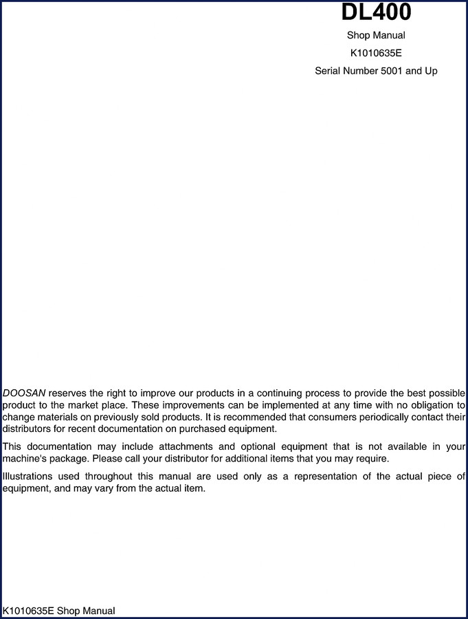 Doosan DL400 Shop Manual cover – 1082 page factory workshop manual