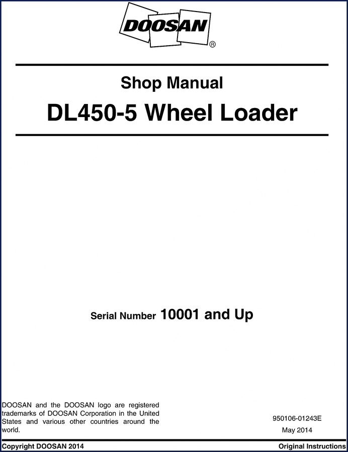 Doosan DL450-5 2014 Workshop Manual cover page showing wheel loader and factory manual logo