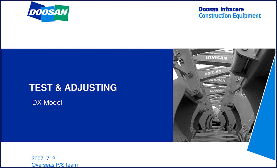Doosan DX 2007 technical manual cover showing test and adjusting instructions for excavator hydraulic systems
