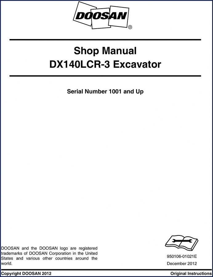 Doosan DX140LCR-3 2012 Workshop Manual cover showing excavator and manual title