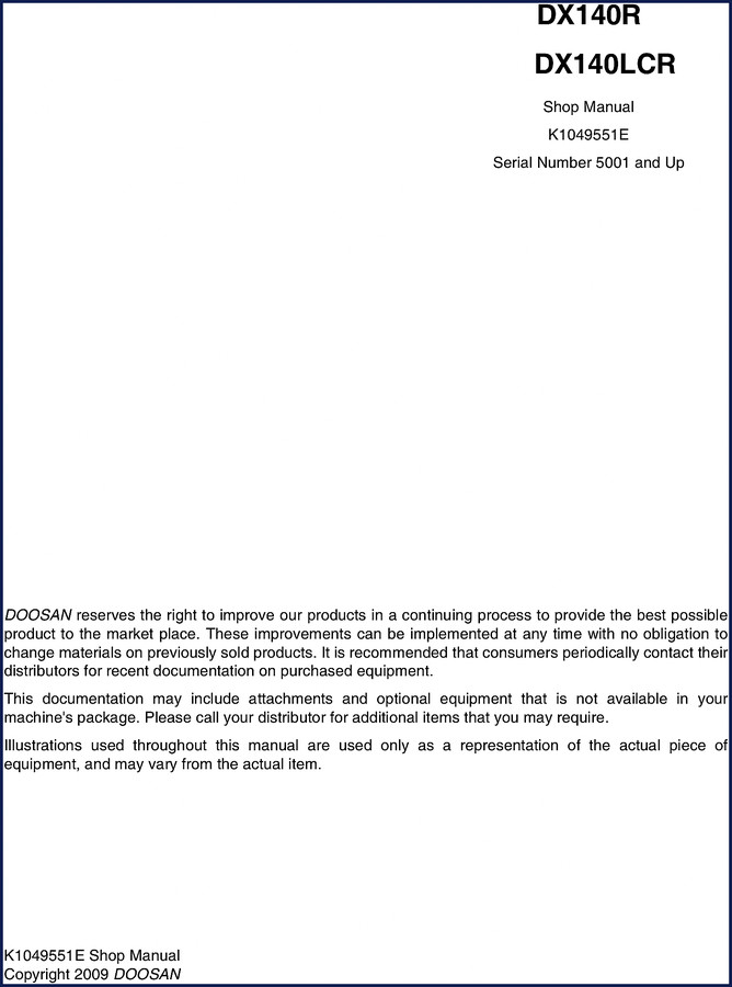 Doosan DX140R/DX140LCR 2009 Workshop Manual cover page
