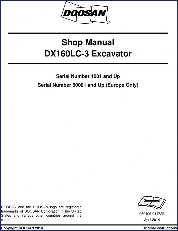 Doosan DX160LC-3 2014 Service Manual cover page showing excavator and manual title