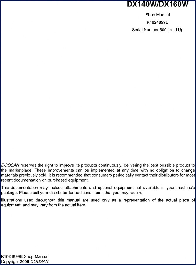 Doosan DX140W, DX160W 2006 Workshop Manual cover - factory OEM documentation for wheel excavators