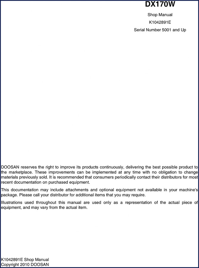 Doosan DX170W 2010 Workshop Manual cover page