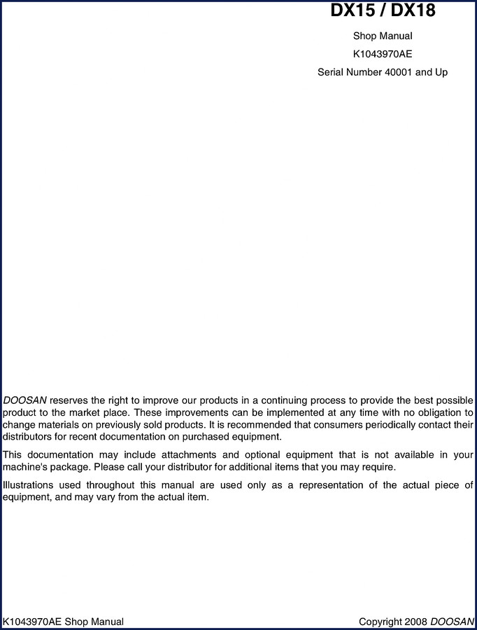 Doosan DX15 DX18 2008 Workshop Manual cover – 513 pages OEM factory shop manual