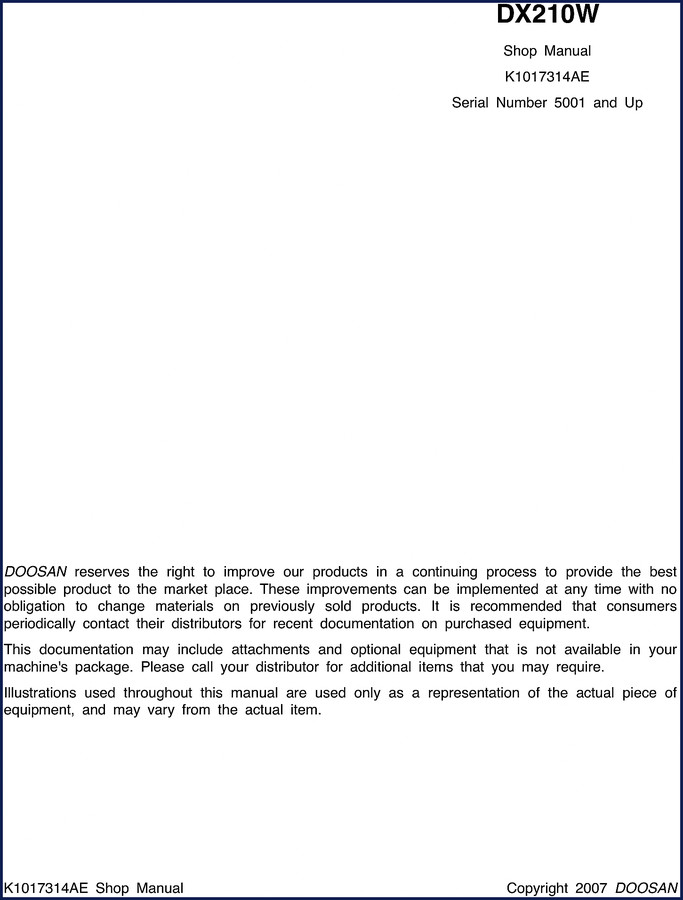 Doosan DX210W 2007 Workshop Manual cover and title page
