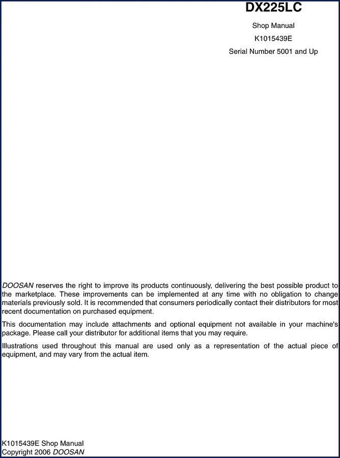 Doosan DX225LC 2006 Workshop Manual cover, 856 pages, OEM shop manual for excavator