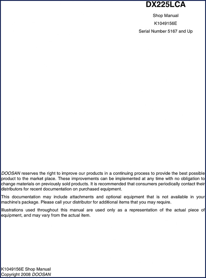 Doosan DX225LCA 2008 Workshop Manual cover page showing excavator model and OEM branding