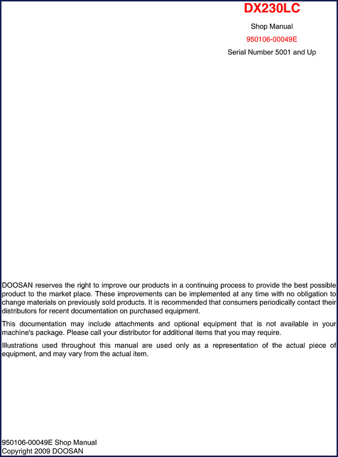 Doosan DX230LC 2009 Workshop Manual cover – 818-page factory shop manual for track excavator