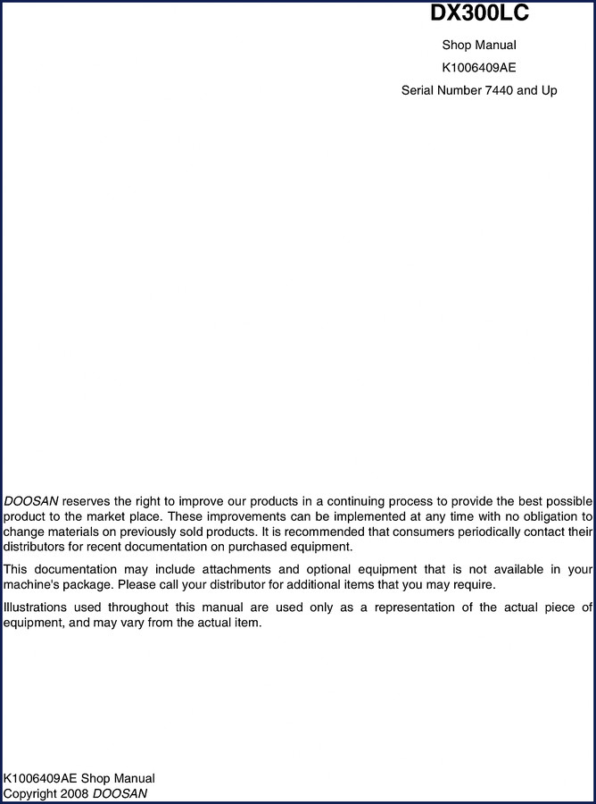 Doosan DX300LC 2008 workshop manual cover showing excavator and model details