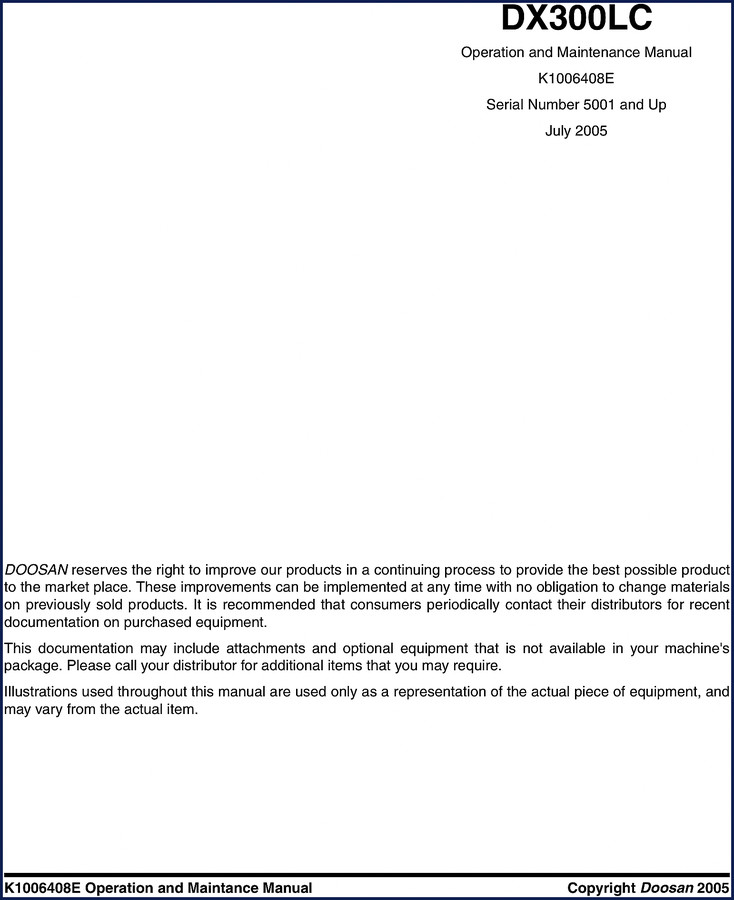 Doosan DX300LC 2005 Operators Manual cover - factory OEM documentation