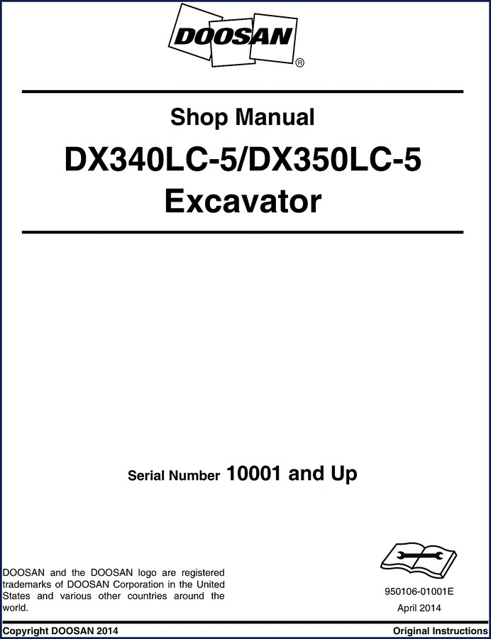 Doosan DX340LC-5 DX350LC-5 2014 Workshop Manual cover - factory OEM shop manual 1631 pages