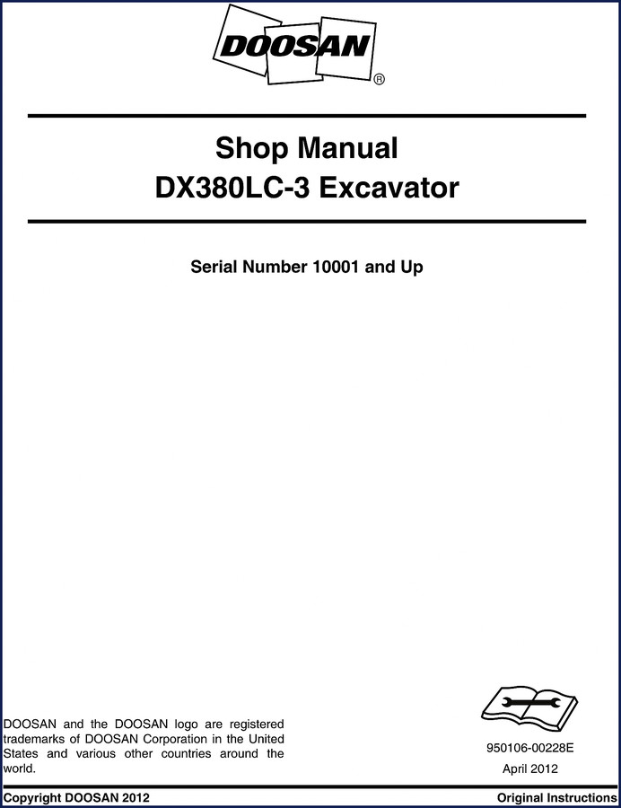 Doosan DX380LC-3 2012 Workshop Manual cover page showing excavator and title