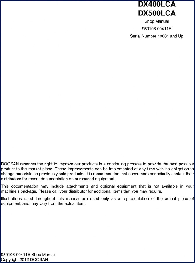 Doosan DX480LCA DX500LCA 2012 Service Manual – factory OEM shop manual cover showing excavator
