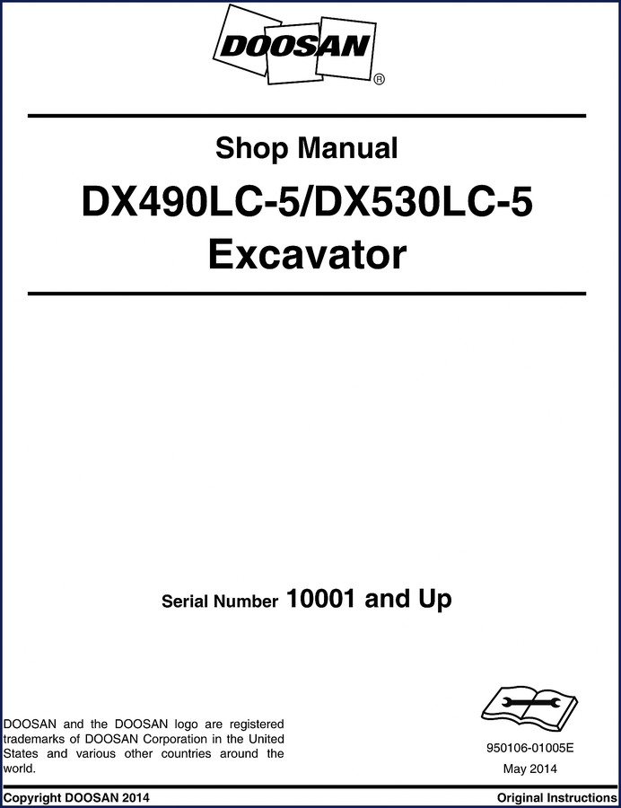 Doosan DX530LC-5 2014 Workshop Manual cover showing excavator model and OEM branding
