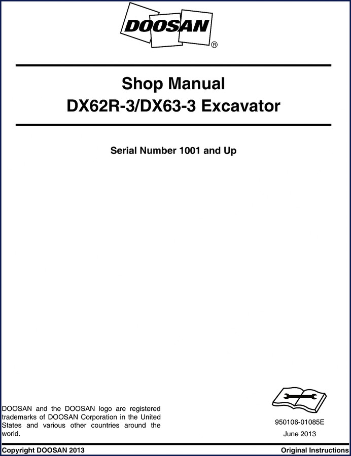 Doosan DX63-3 2013 Workshop Manual cover page showing excavator and manual title