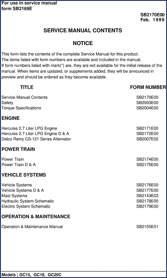 Doosan GC15, GC18, GC20C 1999 Service Manual cover - OEM factory service repair manual