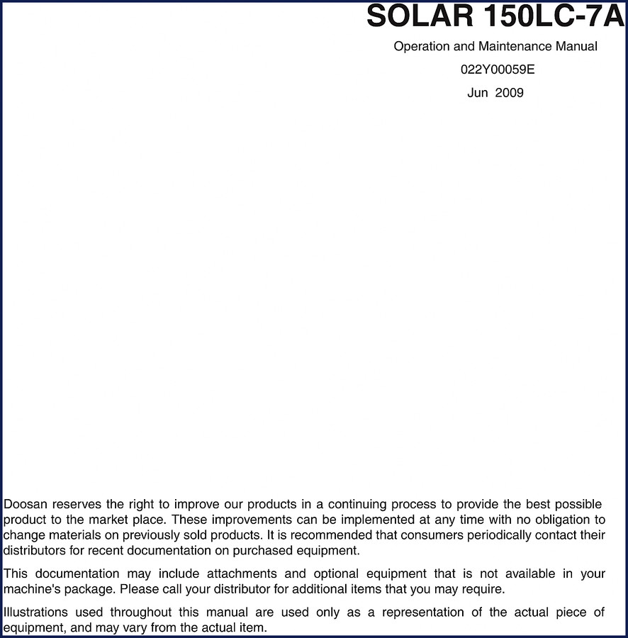 Doosan SOLAR 150LC-7A 2009 Operators Manual cover showing excavator operation and maintenance guide