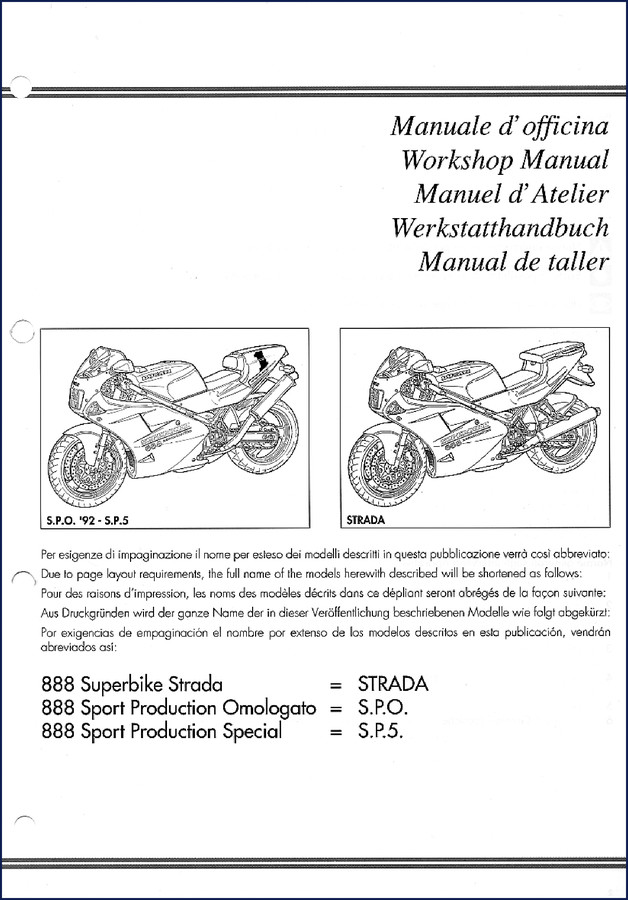 1992 Ducati 888 Superbike Strada Workshop Manual cover page with model names and workshop manual title