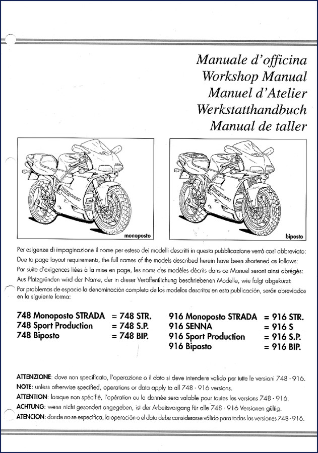 Ducati 748, 916 Workshop Manual cover – factory OEM workshop manual for 748 and 916 models