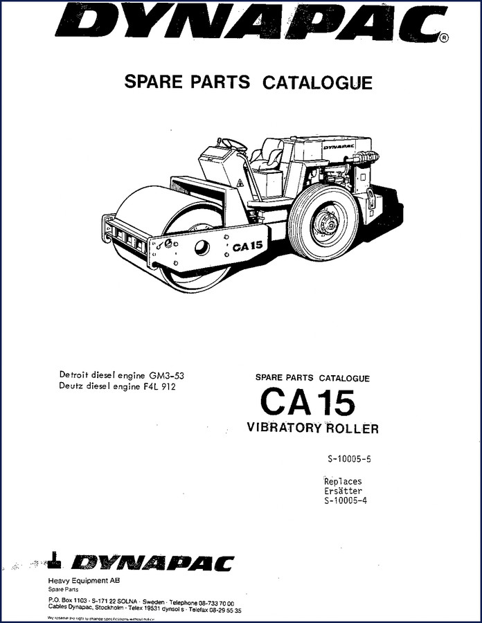 Dynapac CA 15 Parts Catalog cover showing vibratory roller and factory document details