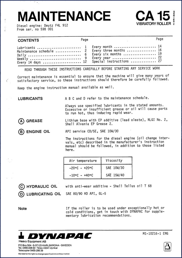 Dynapac CA 15 Technical Manual cover showing vibratory roller maintenance schedule and lubricant specs