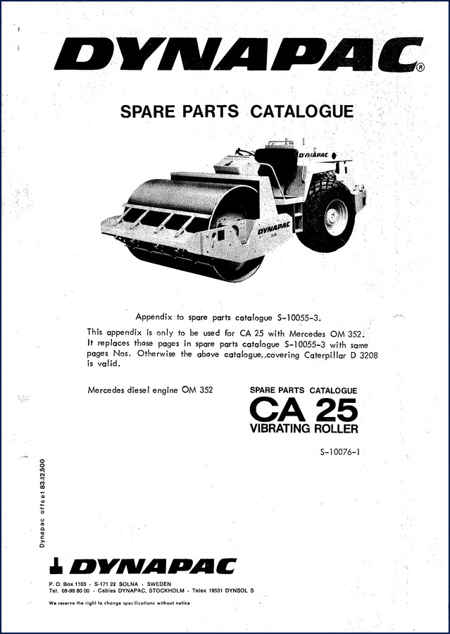 Dynapac CA 25 Parts Catalog cover showing vibrating roller and OEM part numbering system