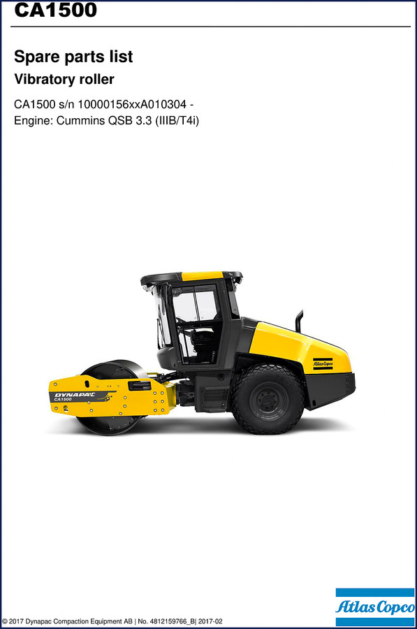 Dynapac CA1500 2017 Parts Catalog cover showing vibratory roller and model designation