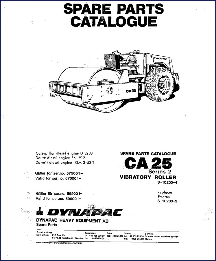 Dynapac CA25 Parts Catalog 290 pages factory spare parts manual covering engine transmission electrical