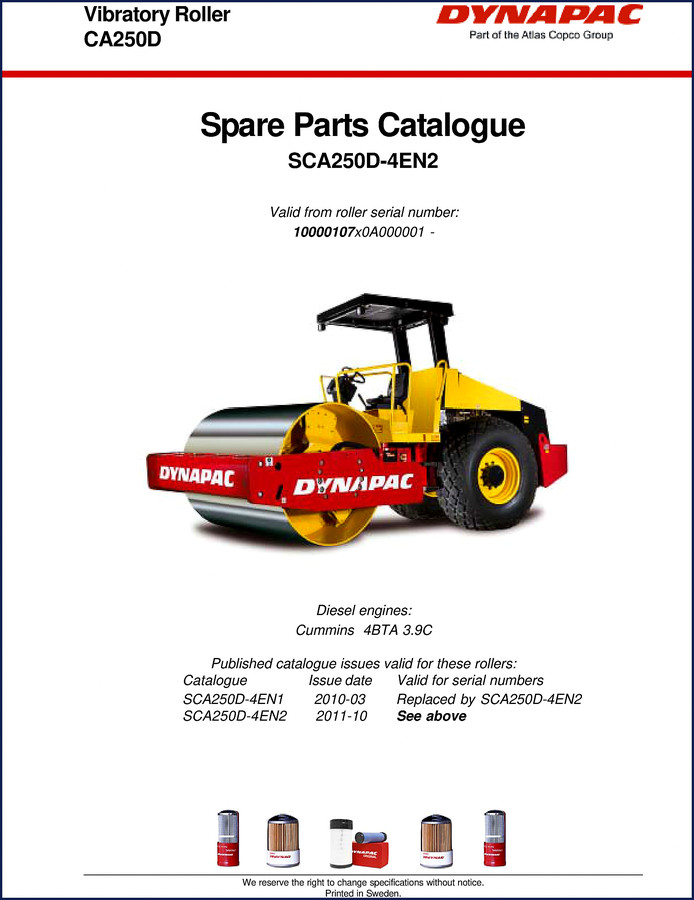 Dynapac CA250D 2011 Parts Catalog cover showing vibratory roller spare parts guide