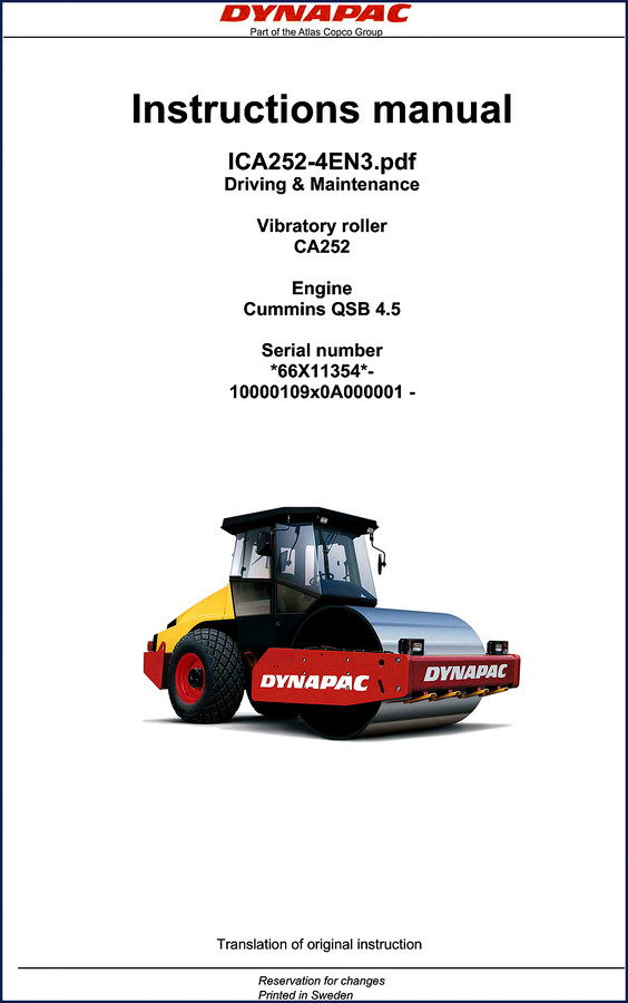 Dynapac CA252 2012 service manual cover showing vibratory roller and OEM documentation