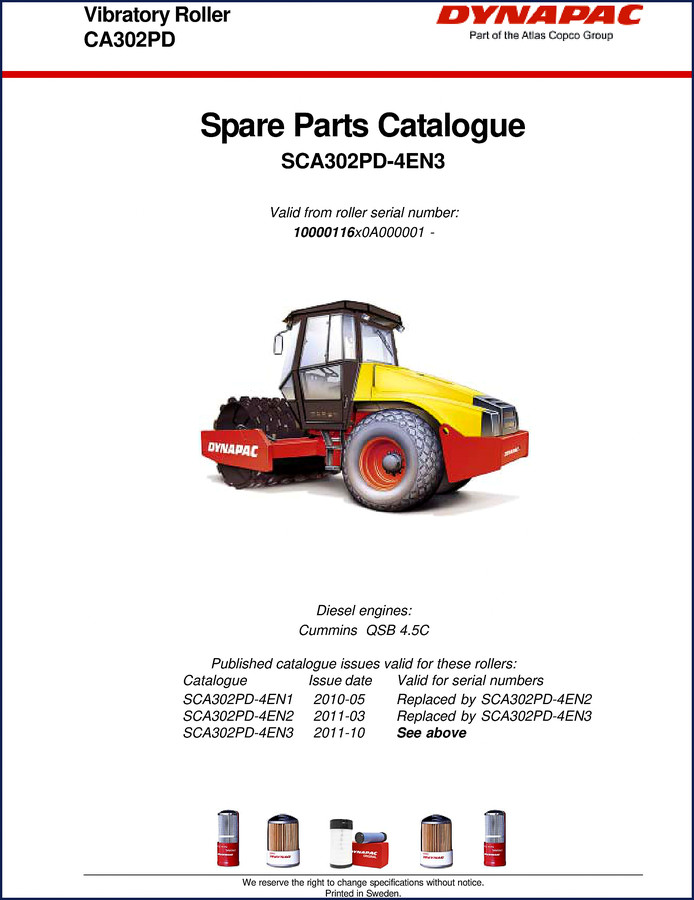 Dynapac CA302PD 2011 Parts Catalog cover – OEM factory spare parts catalogue for vibratory roller