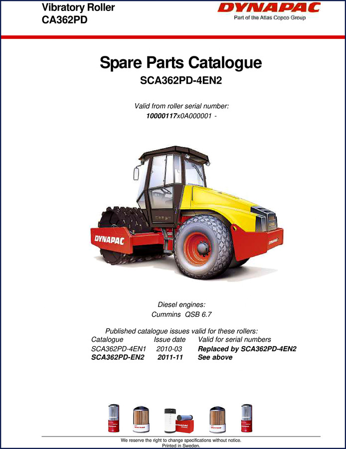 Dynapac CA362PD 2011 Parts Catalog cover showing vibratory roller and model number