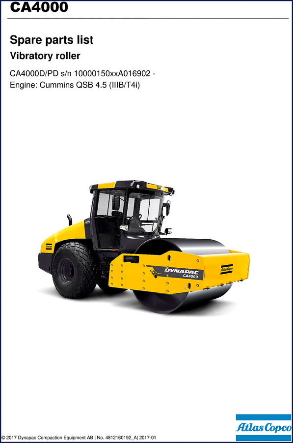 2017 Dynapac CA4000D and CA4000PD Parts Catalog cover – OEM factory spare parts list for vibratory roller with Cummins QSB 4.5 engine