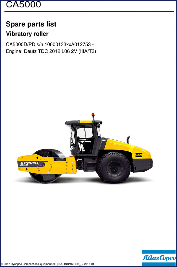Dynapac CA5000PD 2017 Parts Catalog cover page with vibratory roller illustration