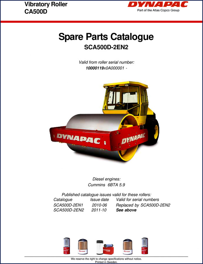 Dynapac CA500D Parts Catalog cover page showing vibratory roller spare parts catalogue SCA500D-2EN2