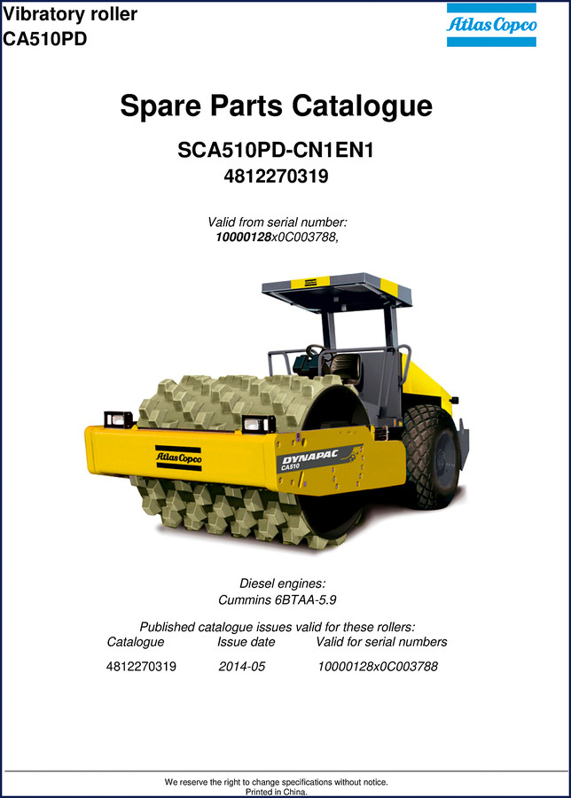 Dynapac CA510PD CA510 2014 Parts Catalog cover image showing vibratory roller