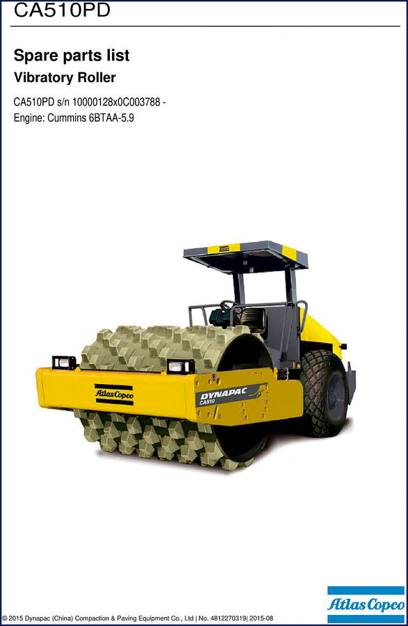 Dynapac CA510PD CA510 2015 Parts Catalog cover page showing vibratory roller and model number