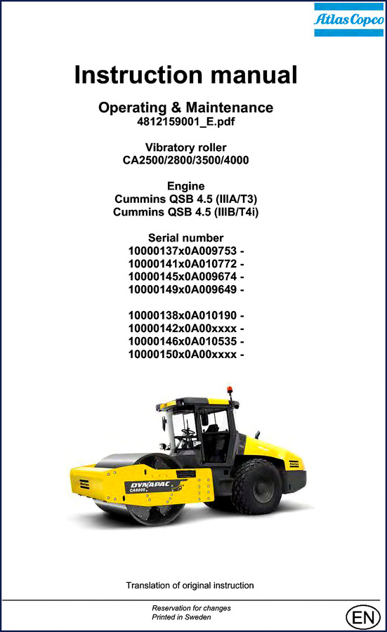 Dynapac CA6000 operators manual cover – factory OEM document for vibratory roller
