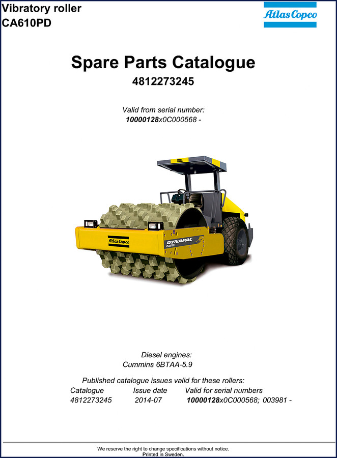 Dynapac CA610 2014 Parts Catalog cover showing vibratory roller and OEM spare parts catalogue
