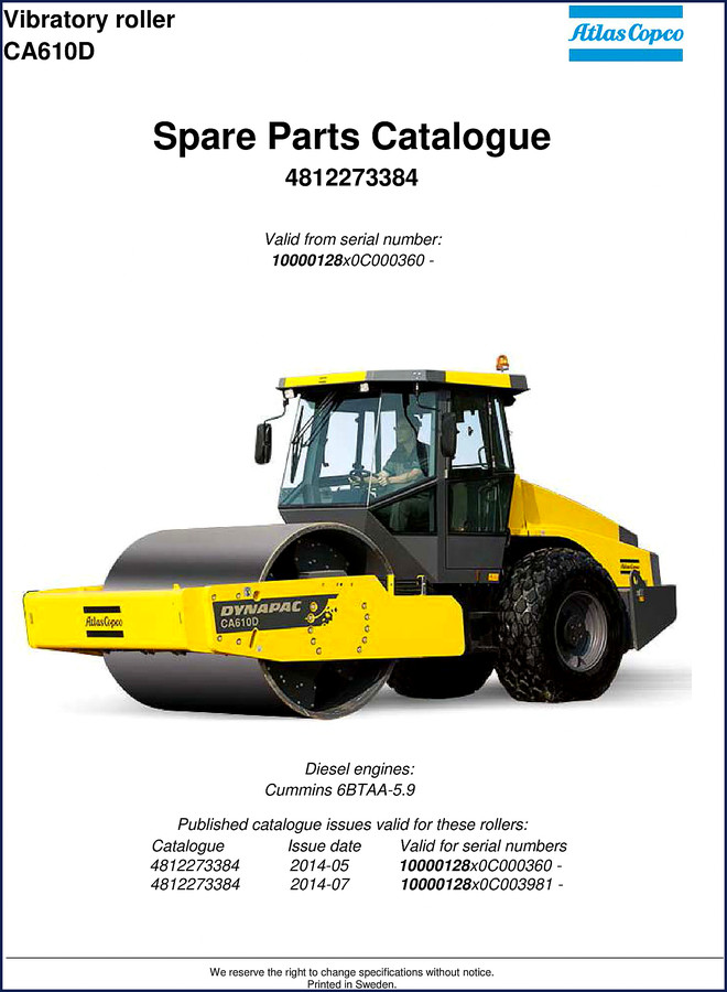 Dynapac CA610D 2014 Parts Catalog cover showing roller and catalog number 4812273384