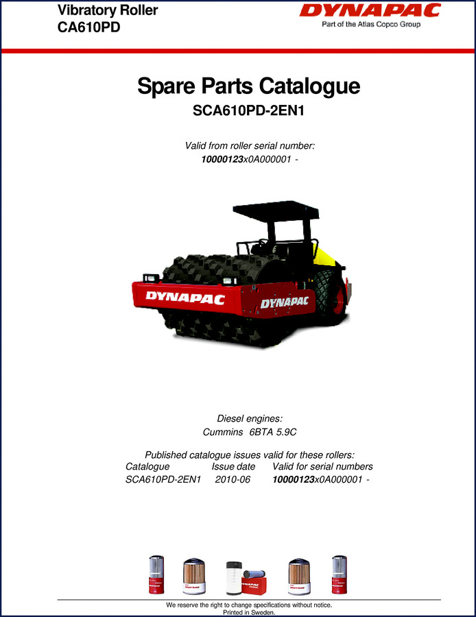 Dynapac CA610PD 2010 Parts Catalog cover page showing vibratory roller
