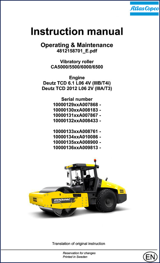 Dynapac CA6500 vibratory roller operators manual cover - 168 pages, OEM factory documentation