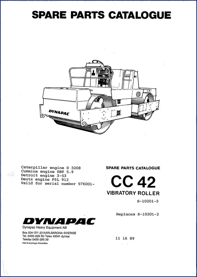 Dynapac CC 42 1989 Spare Parts Catalog cover showing vibratory roller and engine options