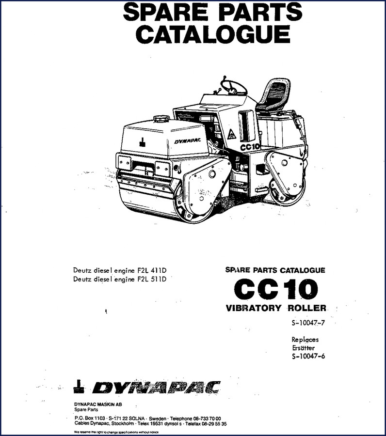 Dynapac CC10 Parts Catalog cover – factory spare parts listing for vibratory roller with Deutz diesel engine